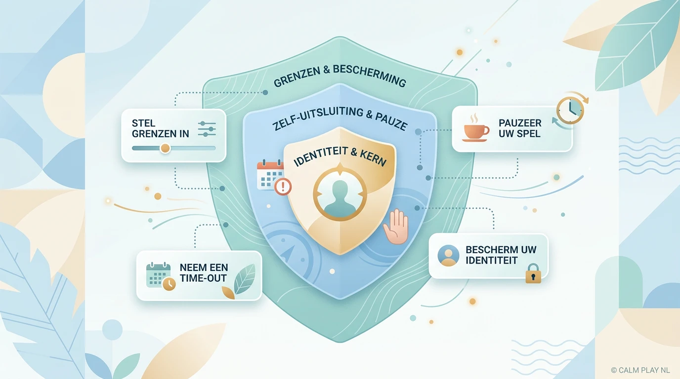 Kalme illustratie van beschermingslagen rond speellimieten, identiteit en pauze nemen