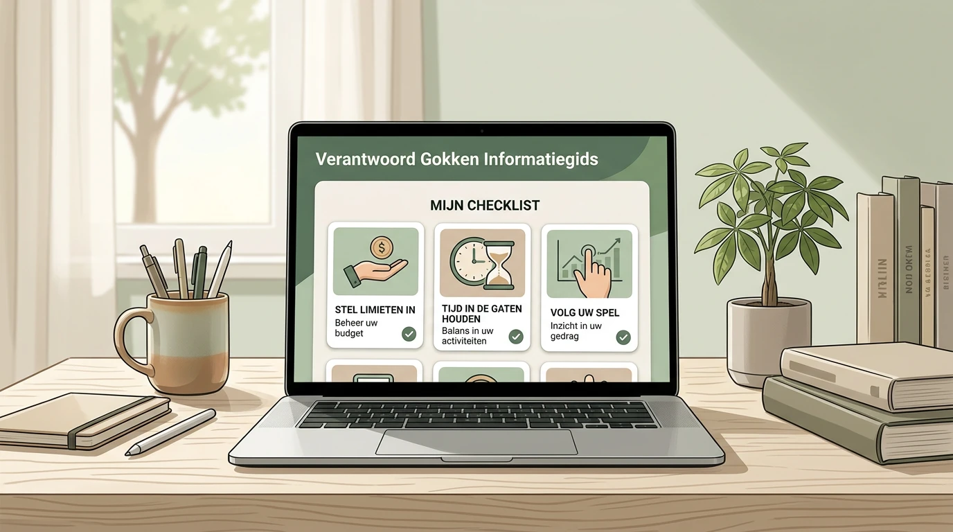 Rustige werktafel met laptop waarop een officiële controlelijst voor kansspelen wordt bekeken